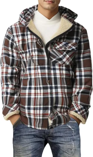 Men's Full Zip Fleece Flannel Jacket Hooded Flannel Shirt Jacket Lined Sherpa Fleece Warmth for Fall Winter Cozy Outerwear