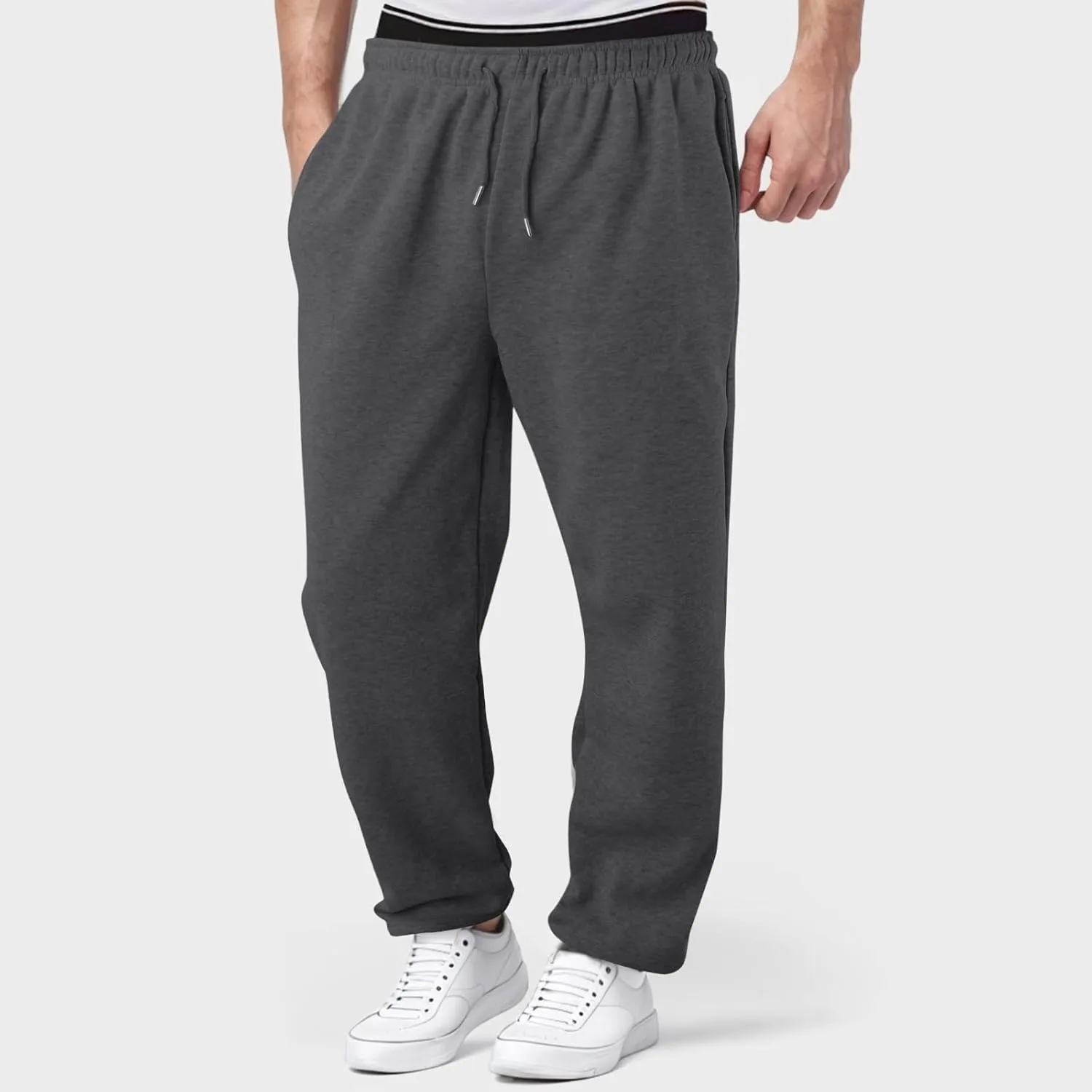 Men's Heavyweight Fleece Cargo Sweatpants Baggy Sweat Pants with Pockets Elastic Waist Drawstring Joggers Trousers