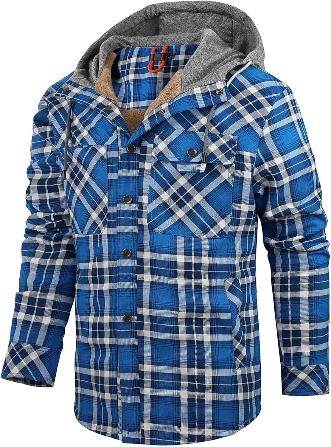 Mens Lightweight Checkered Shirt Jacket Hooded Wool Lined Coat Warm Stylish Outerwear with Pockets for Winter