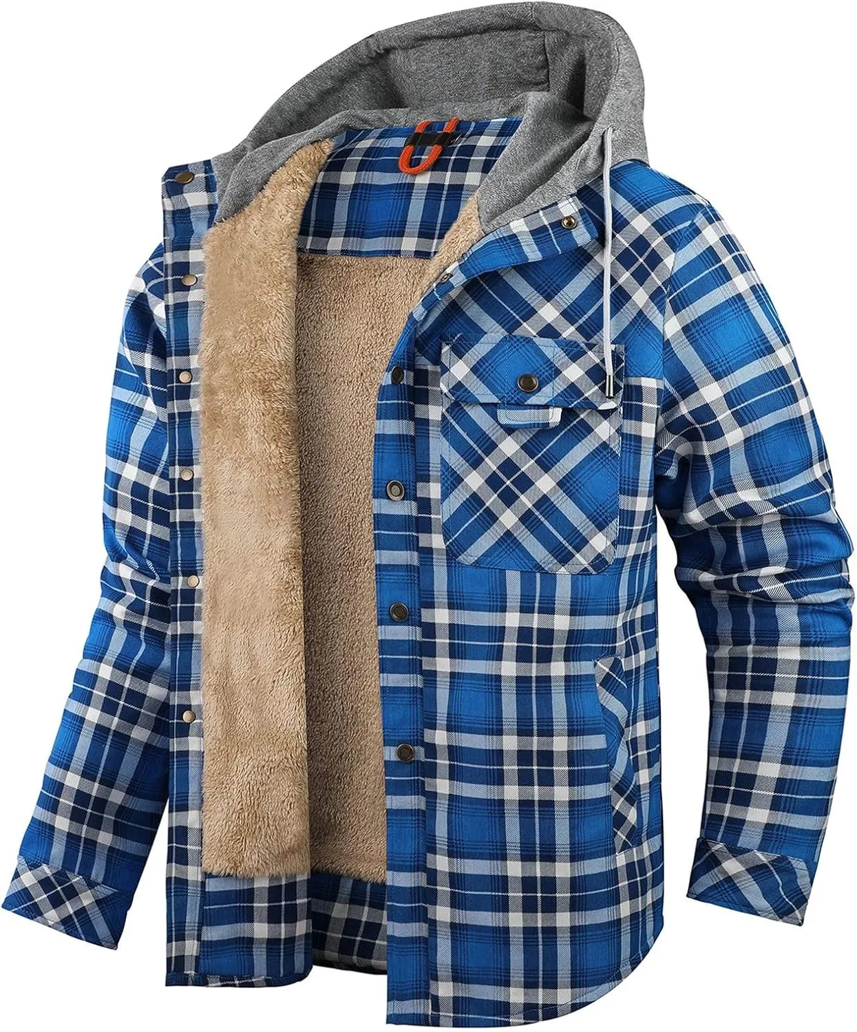 Mens Lightweight Checkered Shirt Jacket Hooded Wool Lined Coat Warm Stylish Outerwear with Pockets for Winter