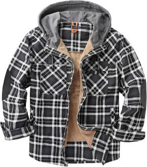 Mens Lightweight Checkered Shirt Jacket Hooded Wool Lined Coat Warm Stylish Outerwear with Pockets for Winter