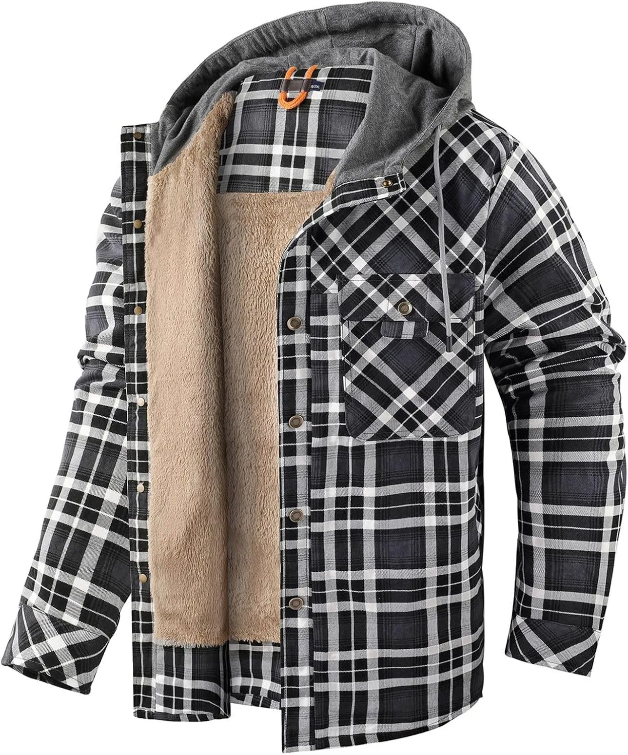 Mens Lightweight Checkered Shirt Jacket Hooded Wool Lined Coat Warm Stylish Outerwear with Pockets for Winter