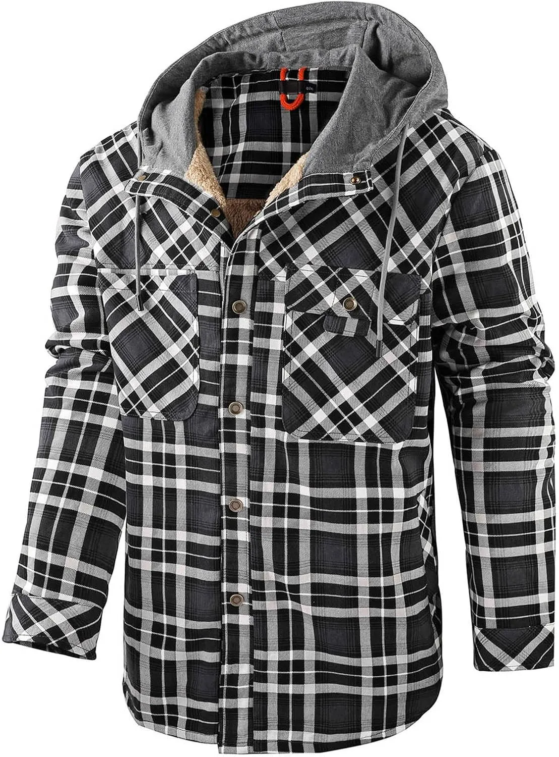 Mens Lightweight Checkered Shirt Jacket Hooded Wool Lined Coat Warm Stylish Outerwear with Pockets for Winter