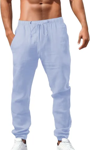 Men's Linen Pants Loose fit Elastic Waist Lightweight Cotton Pants Summer Vacation Beach with Pocket Casual Trousers