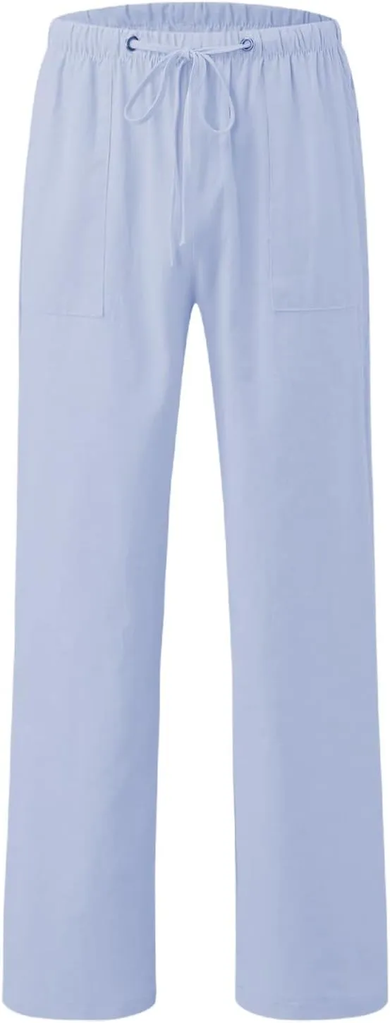 Men's Linen Pants Loose fit Elastic Waist Lightweight Cotton Pants Summer Vacation Beach with Pocket Casual Trousers