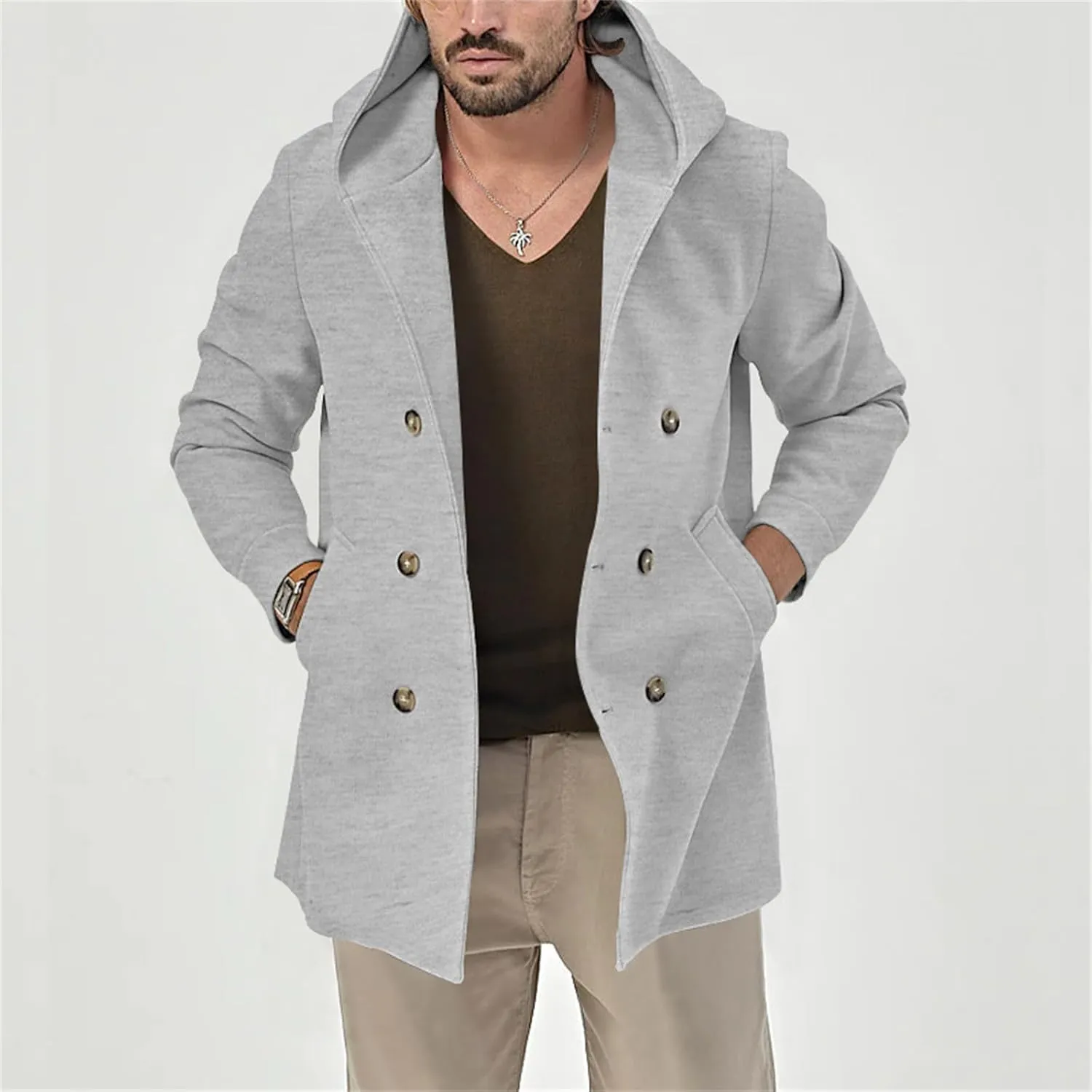 Mens Mid Length Trench Coat Wool Blend Jacket Hooded Double Breasted Overcoat Lightweight Casual Coat with Pockets