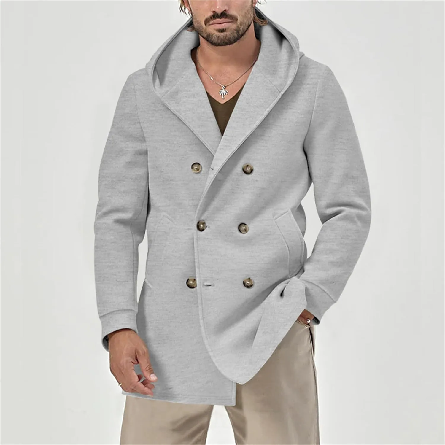 Mens Mid Length Trench Coat Wool Blend Jacket Hooded Double Breasted Overcoat Lightweight Casual Coat with Pockets