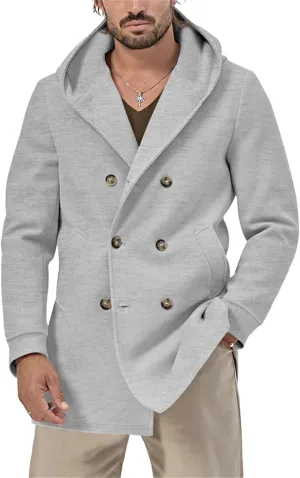 Mens Mid Length Trench Coat Wool Blend Jacket Hooded Double Breasted Overcoat Lightweight Casual Coat with Pockets