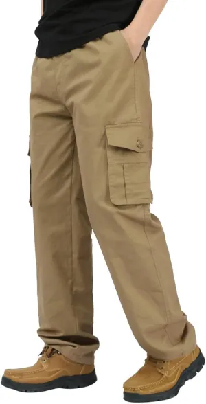 Mens Outdoor Hiking Cargo Pants Multi-Pockets Stretch Flat-Front Casual Loose Straight Leg Open Bottom Work Utility Pants