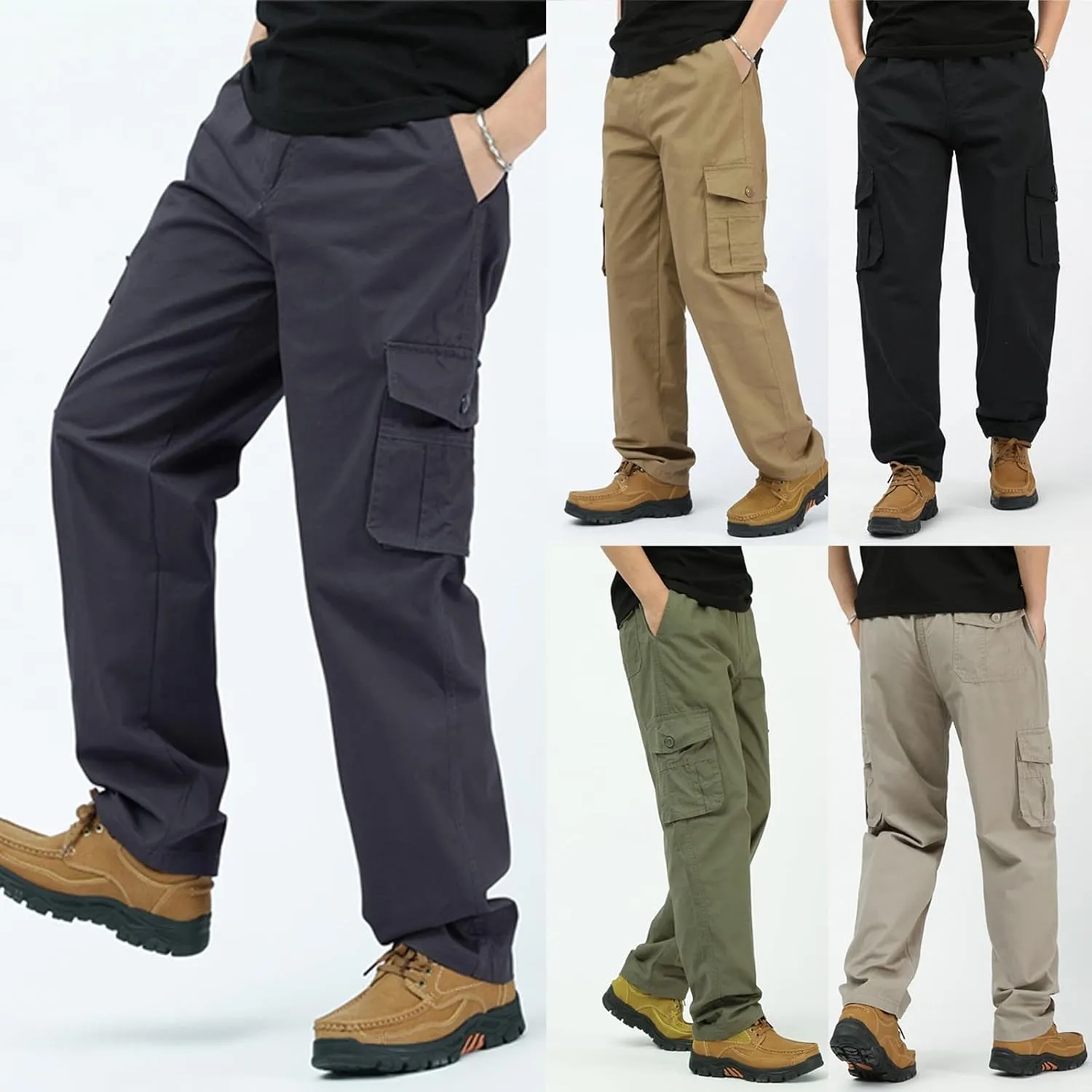 Mens Outdoor Hiking Cargo Pants Multi-Pockets Stretch Flat-Front Casual Loose Straight Leg Open Bottom Work Utility Pants