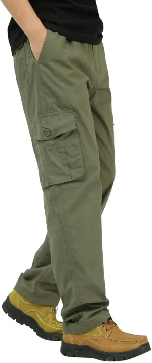 Mens Outdoor Hiking Cargo Pants Multi-Pockets Stretch Flat-Front Casual Loose Straight Leg Open Bottom Work Utility Pants