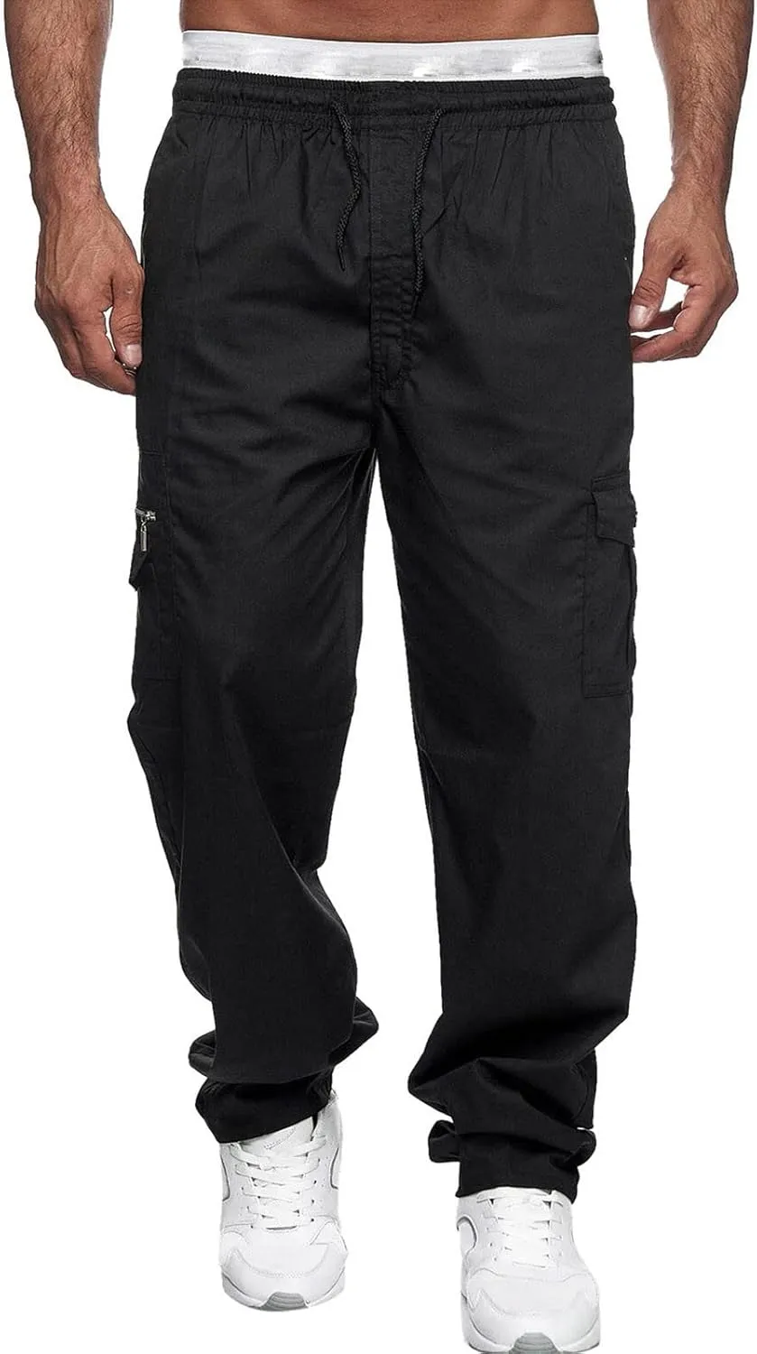 Men's Outdoor Hiking Ripstop Cargo Pants Multi-Pocket Work Utility Pants Straight Leg Open Bottom Trousers