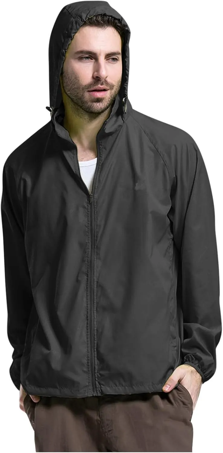Mens Oversized Full Zip Rain Coats Unisex Baggy Outdoor Jackets with Hood Breathable Sports Windbreaker Lightweight Blouses