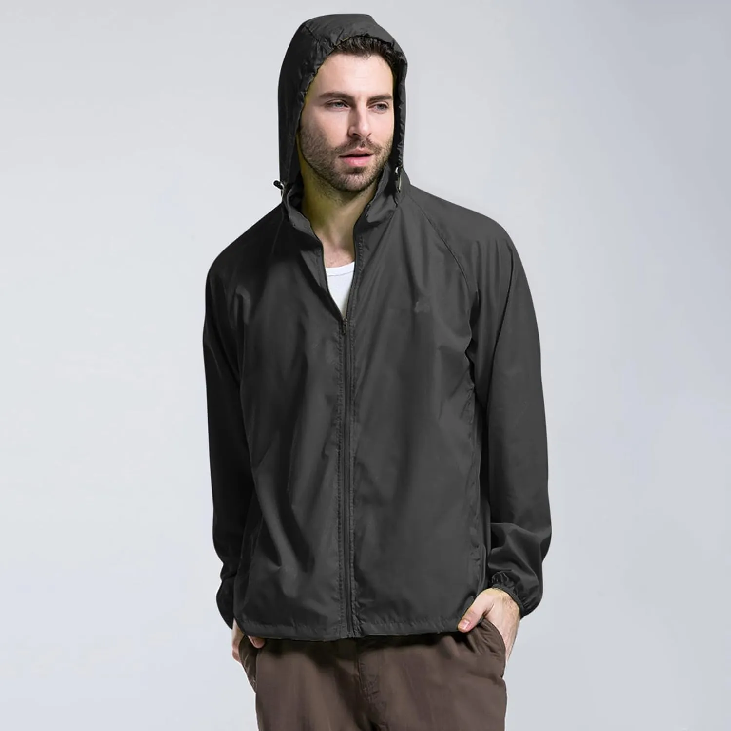 Mens Oversized Full Zip Rain Coats Unisex Baggy Outdoor Jackets with Hood Breathable Sports Windbreaker Lightweight Blouses
