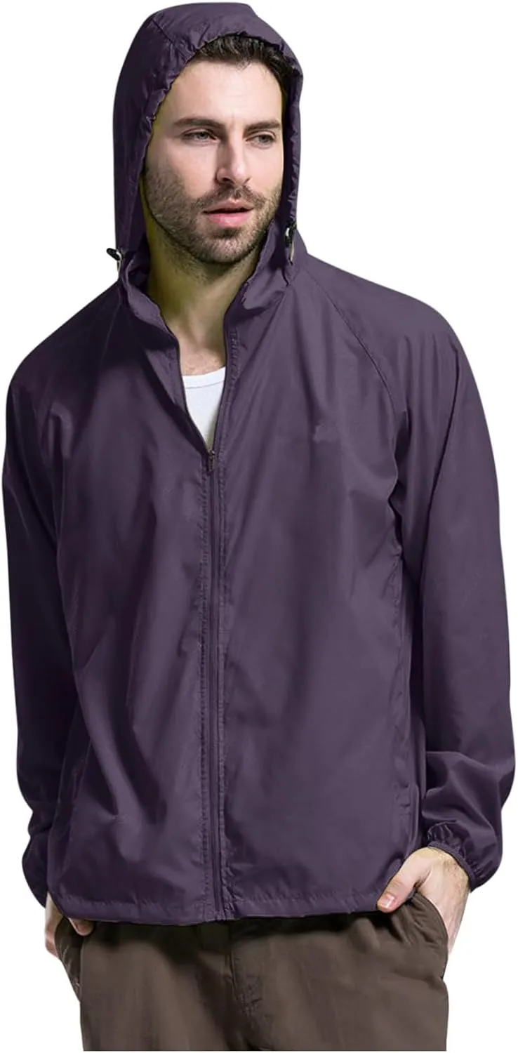 Mens Oversized Full Zip Rain Coats Unisex Baggy Outdoor Jackets with Hood Breathable Sports Windbreaker Lightweight Blouses