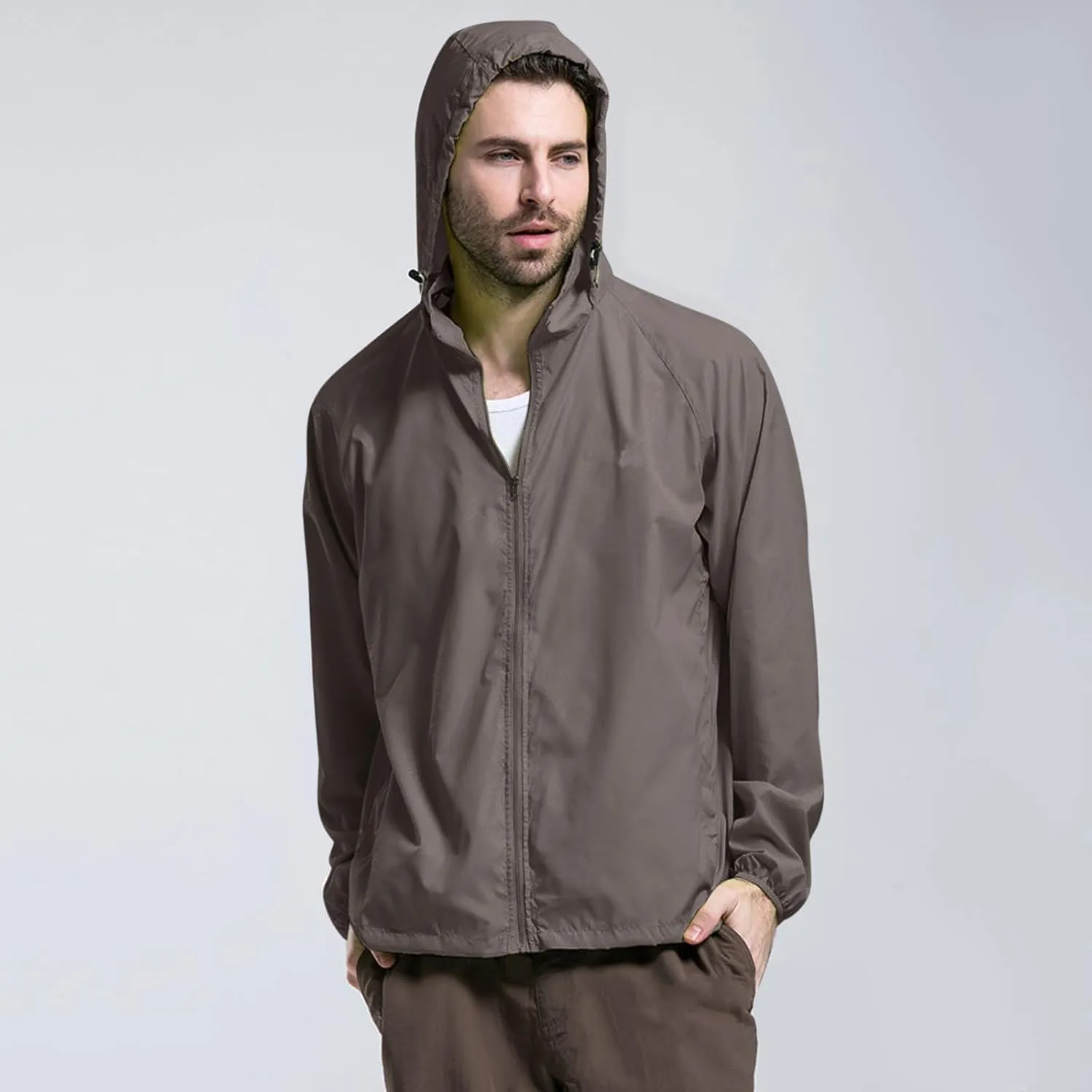Mens Oversized Full Zip Rain Coats Unisex Baggy Outdoor Jackets with Hood Breathable Sports Windbreaker Lightweight Blouses