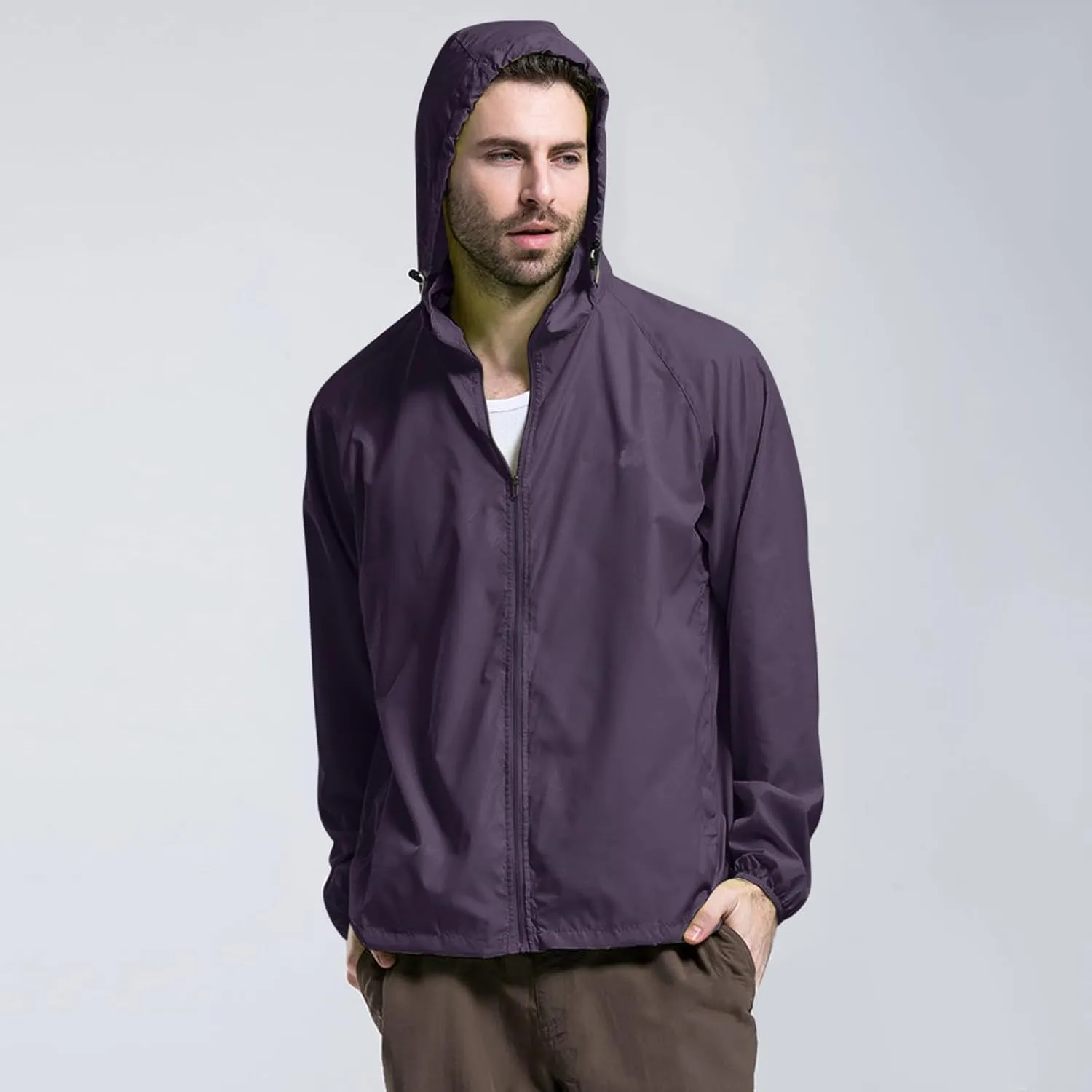 Mens Oversized Full Zip Rain Coats Unisex Baggy Outdoor Jackets with Hood Breathable Sports Windbreaker Lightweight Blouses