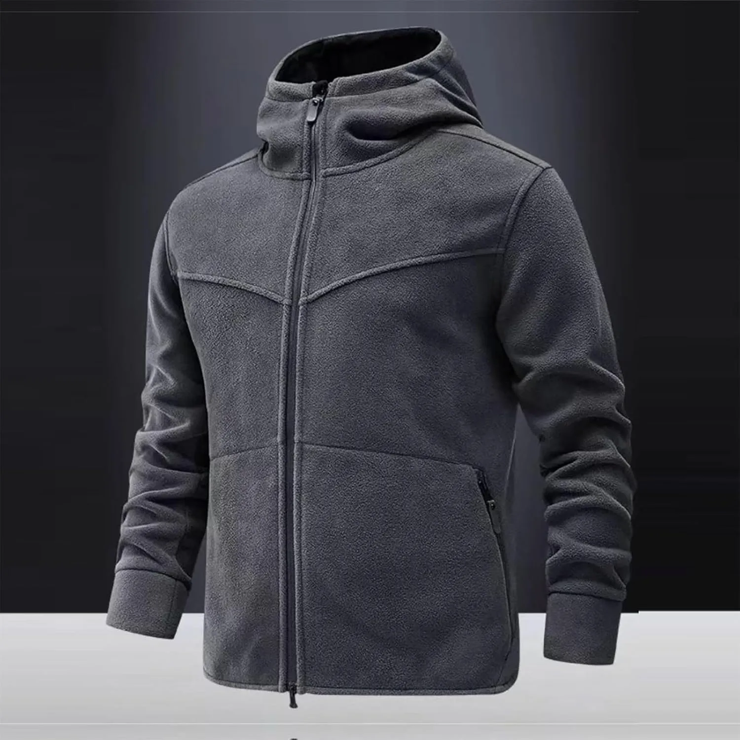 Men's Polar Fleece Jacket Hoodies Full Zip Up Soild Color Casual Coats Lightweight Comfy Long Sleeve Coat