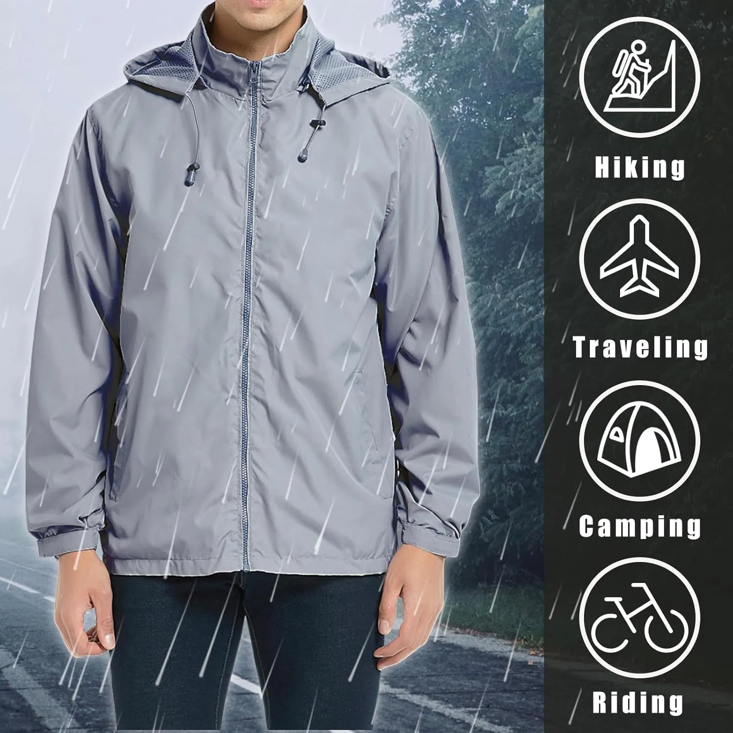 Mens Rain Jacket Lightweight Windbreaker Waterproof Raincoat Hooded Casual Coats for Hiking Travel Outdoor Packable