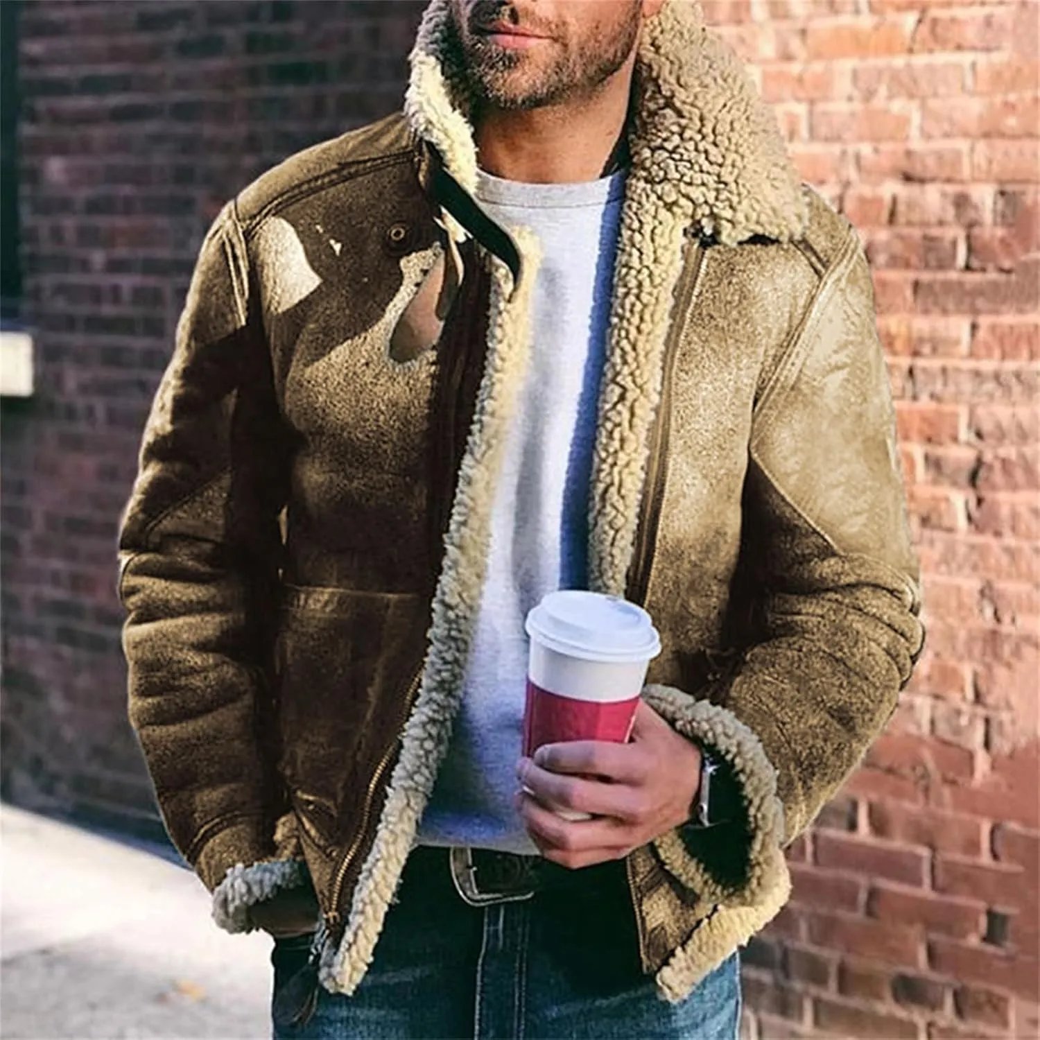 Mens Sherpa Lined Faux Suede Bomber Jacket with Lamb Wool Sheepskin Winter Coat Heavyweight Fur Collar Coats