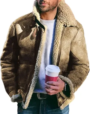 Mens Sherpa Lined Faux Suede Bomber Jacket with Lamb Wool Sheepskin Winter Coat Heavyweight Fur Collar Coats
