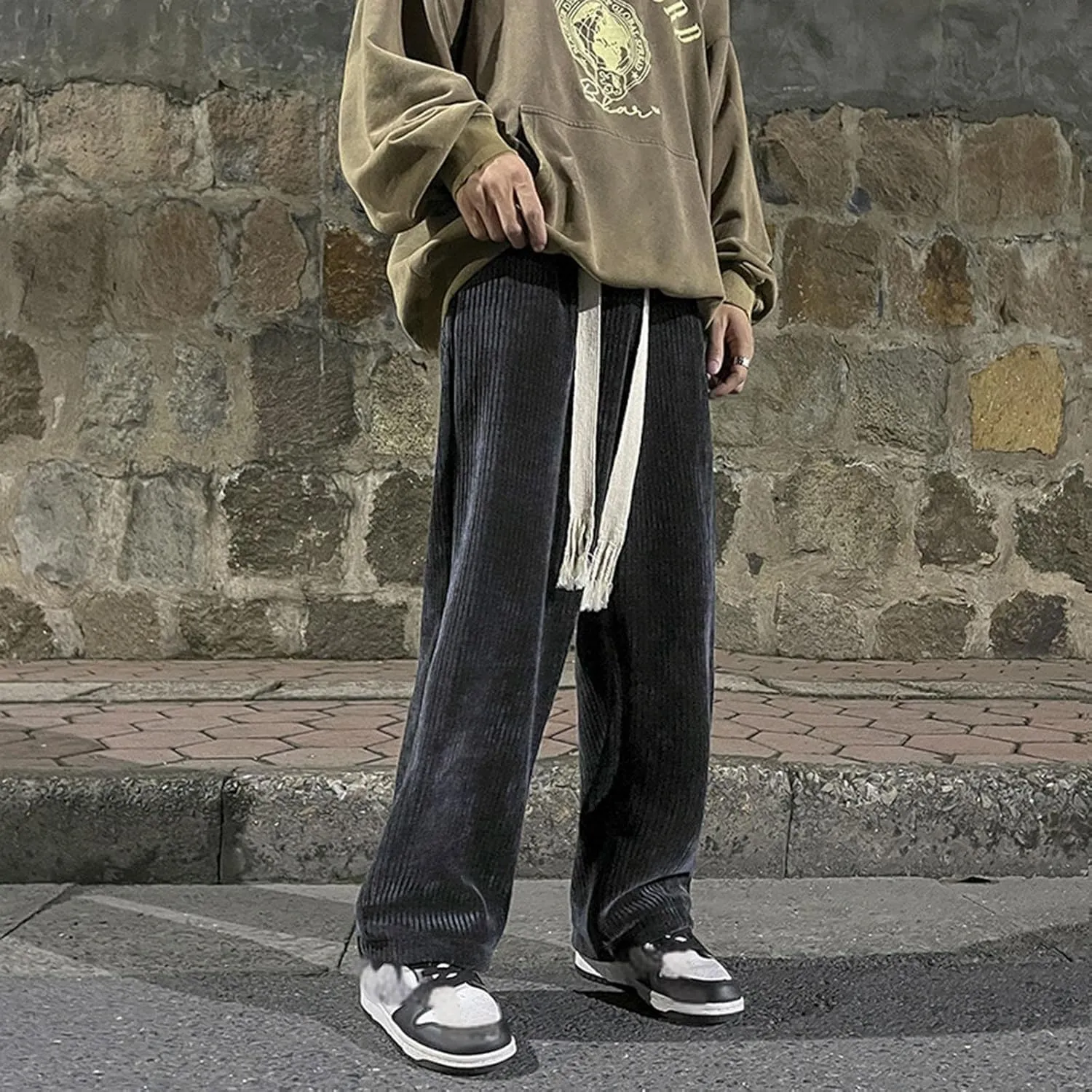 Men's Straight Fit Trousers Elastic Waist Pants Casual Stripe Pant Plus Size Wide Leg Baggy Trouser Gym Jogging Bottoms