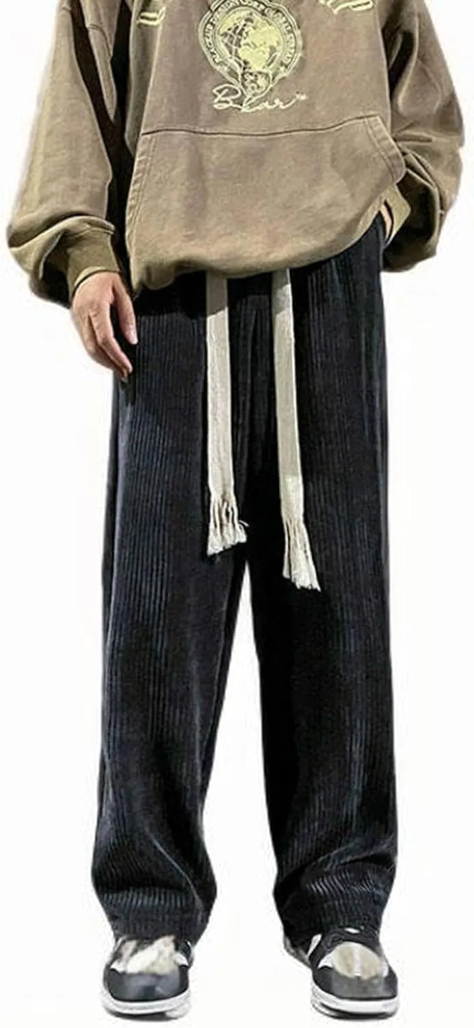 Men's Straight Fit Trousers Elastic Waist Pants Casual Stripe Pant Plus Size Wide Leg Baggy Trouser Gym Jogging Bottoms