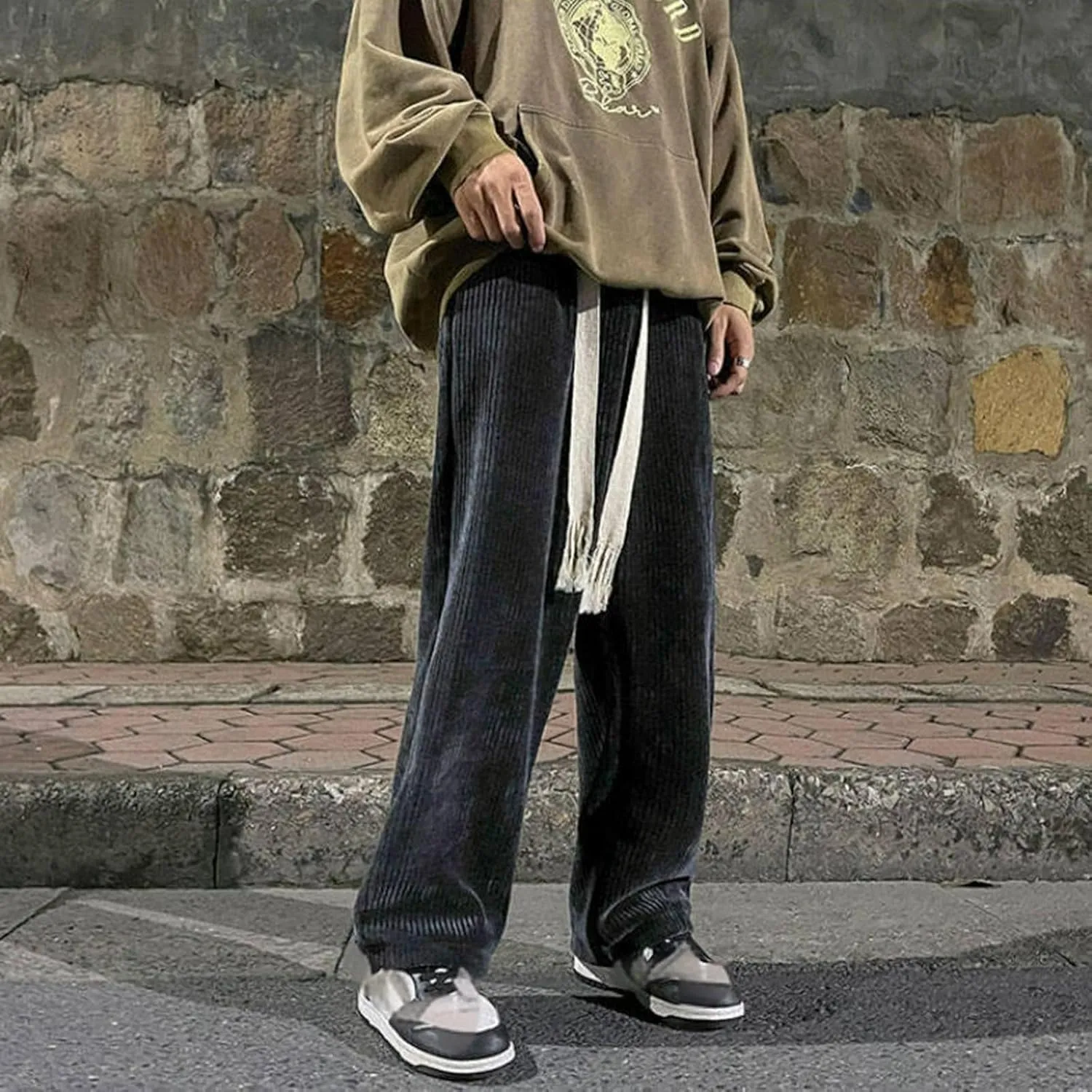 Men's Straight Fit Trousers Elastic Waist Pants Casual Stripe Pant Plus Size Wide Leg Baggy Trouser Gym Jogging Bottoms