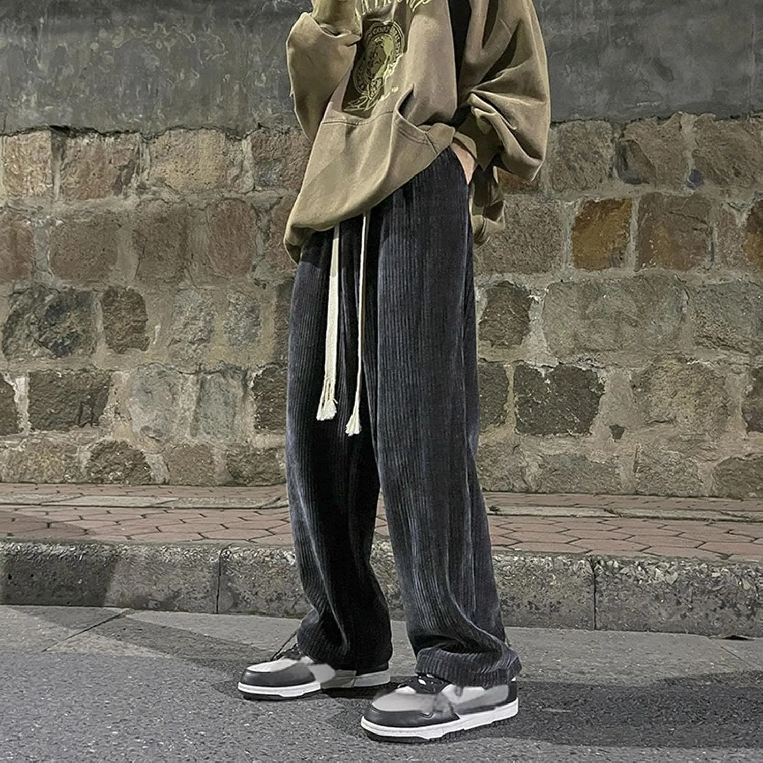 Men's Straight Fit Trousers Elastic Waist Pants Casual Stripe Pant Plus Size Wide Leg Baggy Trouser Gym Jogging Bottoms
