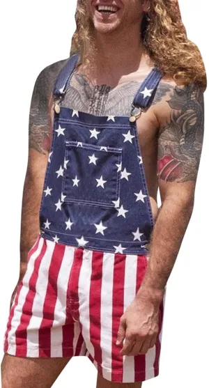 Mens Summer Short Overalls Denim Bib Shorts Casual Outdoor Vintage Distressed Jeans Jumpsuit Shorts with Pockets