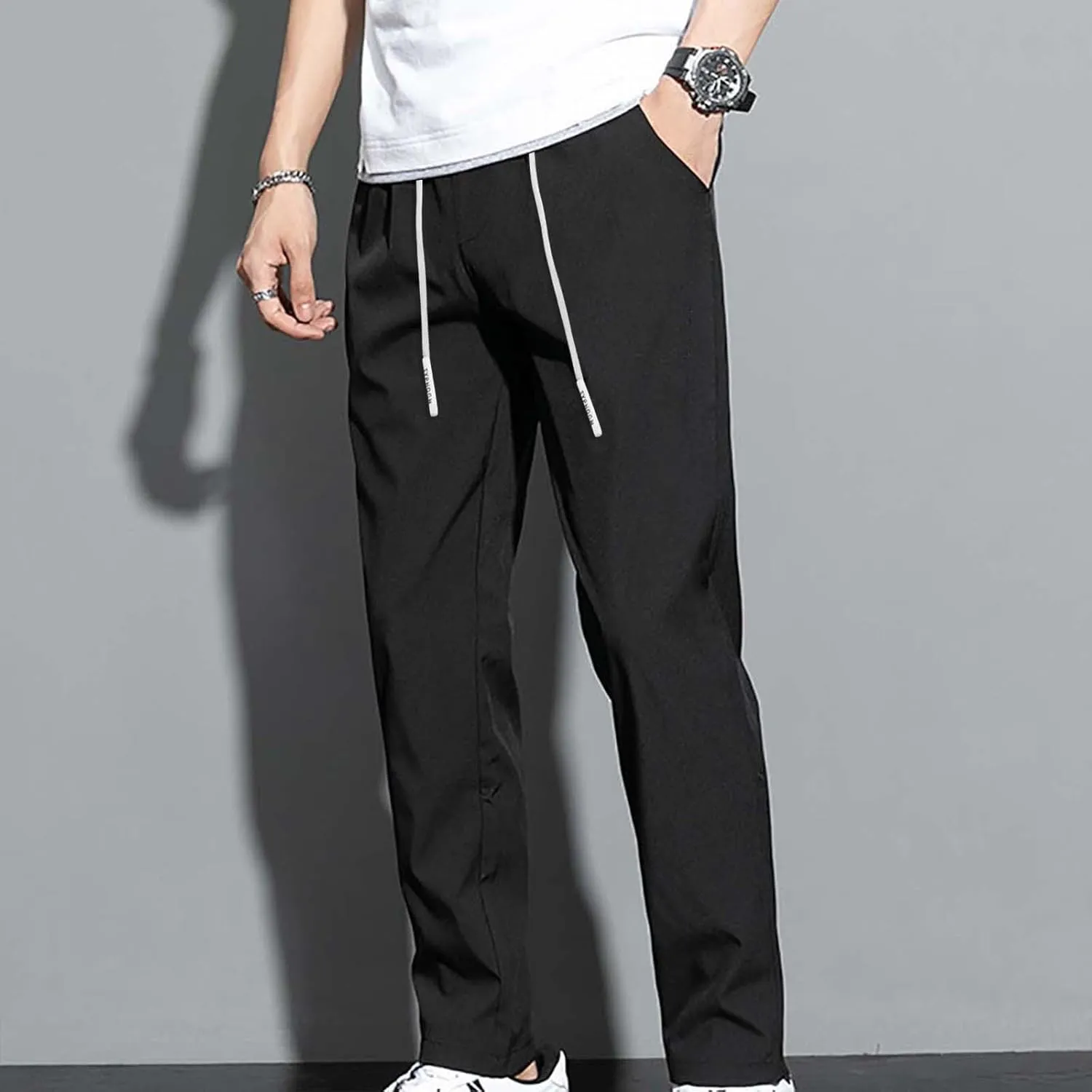 Mens Sweatpants Joggers Quick Dry Hiking Pants Lightweight Breathable Drawstring Straight Leg Casual Pant with Pocket