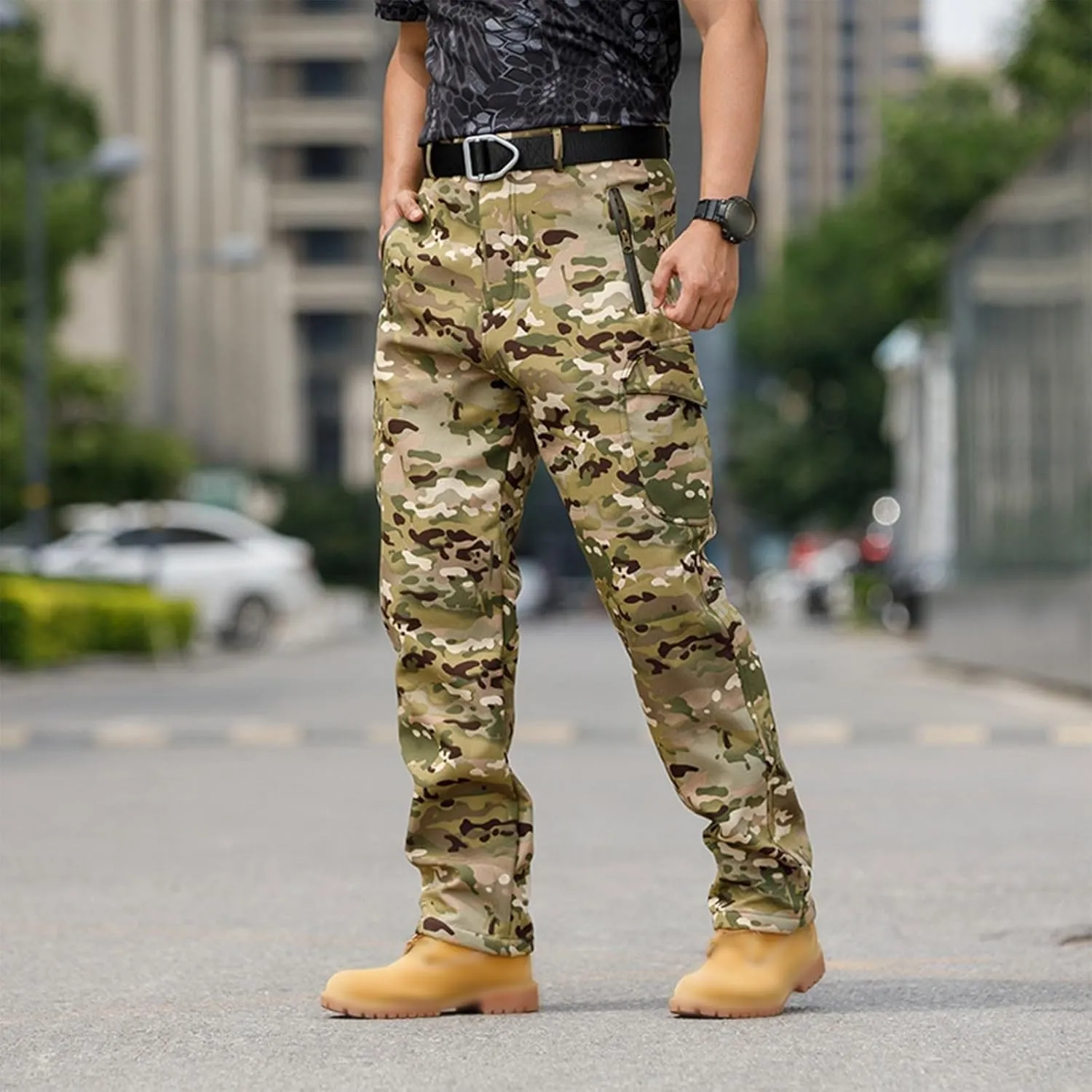 Men's Tactical Pants Softshell Fleece Lined Cargo Pant Warm Water Resistant Ripstop Cargo Pants Camo Hiking Pants