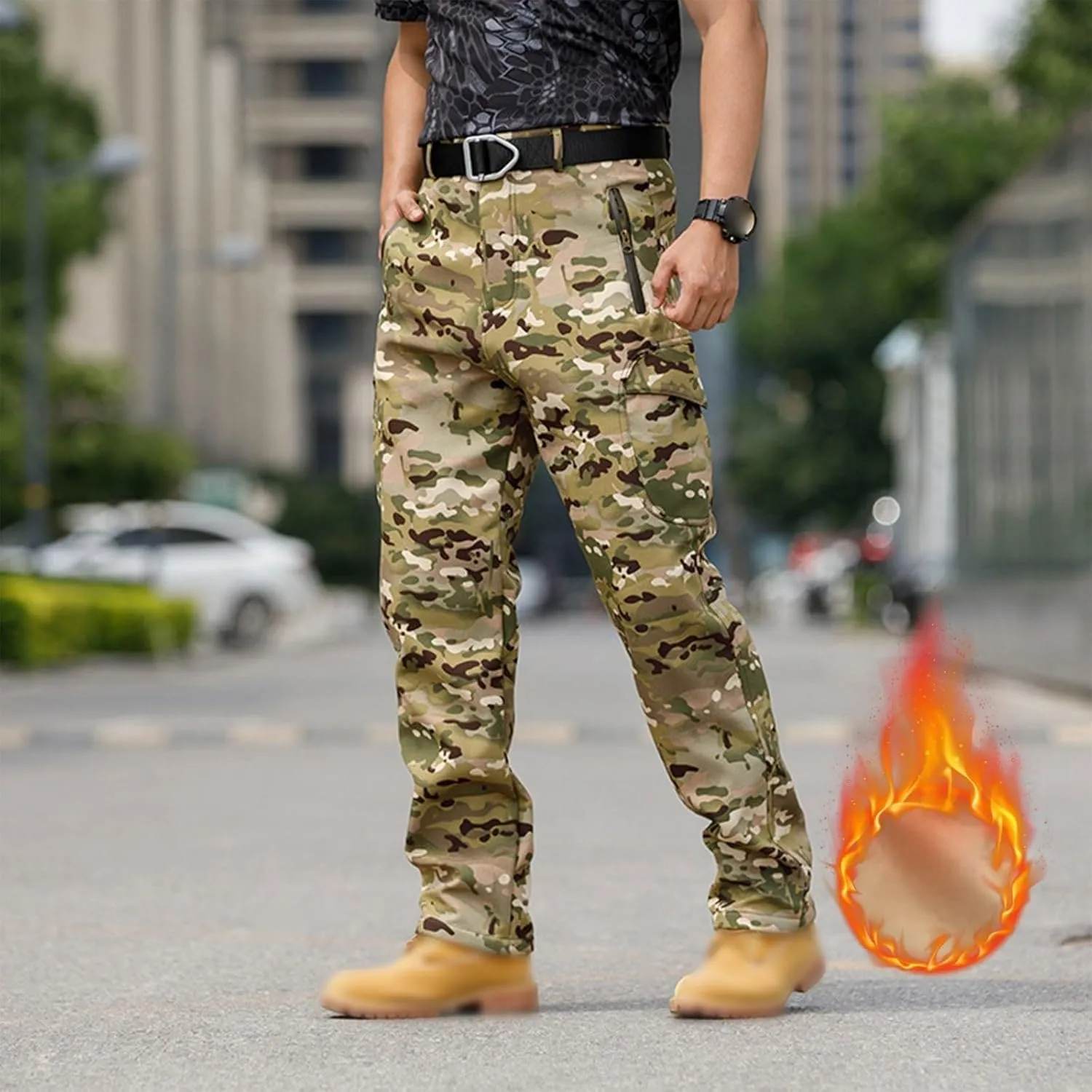Men's Tactical Pants Softshell Fleece Lined Cargo Pant Warm Water Resistant Ripstop Cargo Pants Camo Hiking Pants