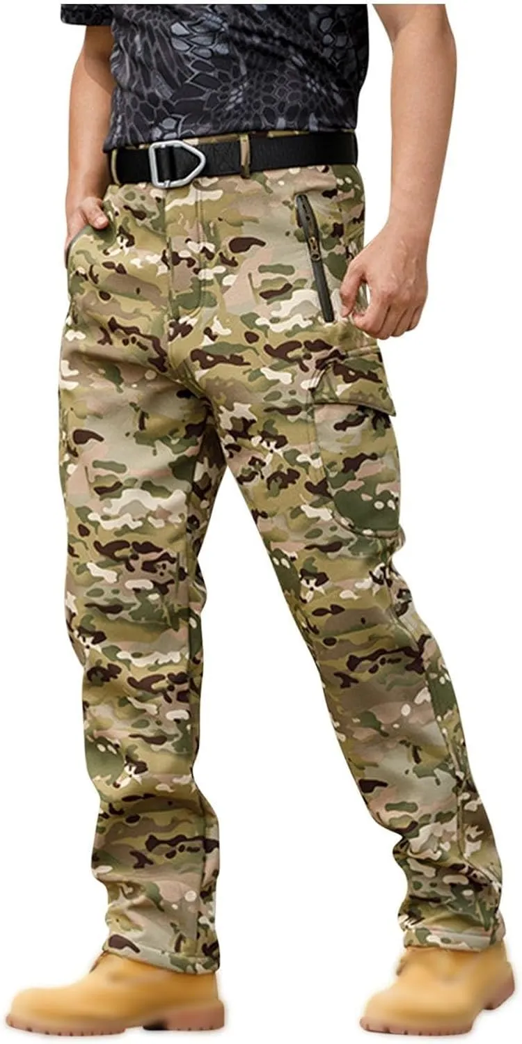 Men's Tactical Pants Softshell Fleece Lined Cargo Pant Warm Water Resistant Ripstop Cargo Pants Camo Hiking Pants