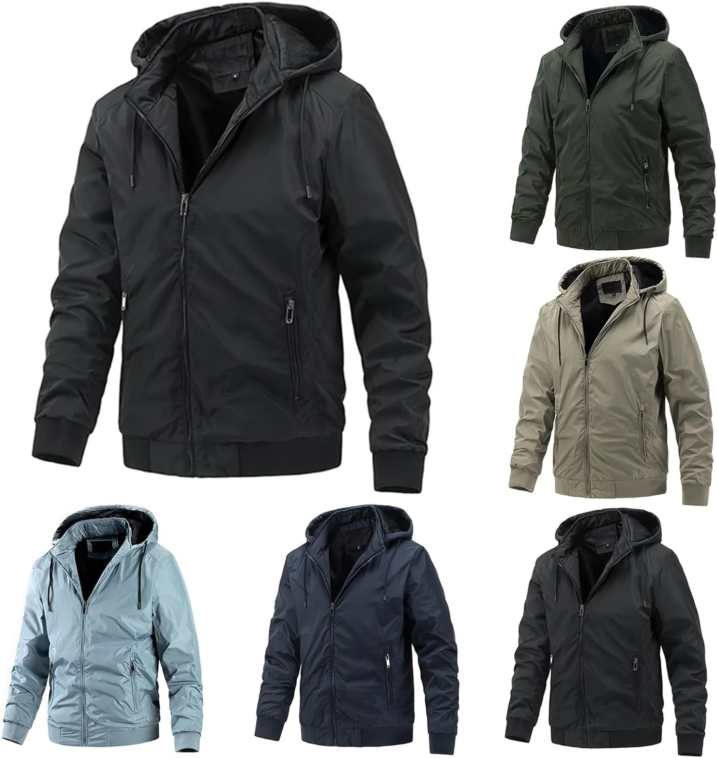 Mens Windproof Bomber Jacket Casual Slim Fit Hooded Windbreaker Jacket Windproof Full Zip Up with Zipper Stand Collar Jacket