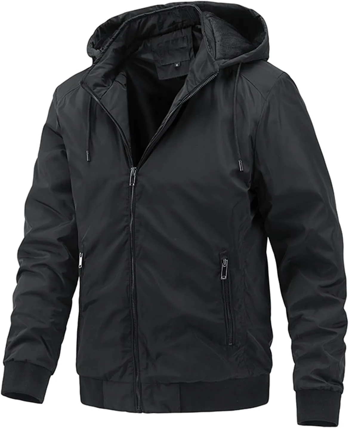Mens Windproof Bomber Jacket Casual Slim Fit Hooded Windbreaker Jacket Windproof Full Zip Up with Zipper Stand Collar Jacket