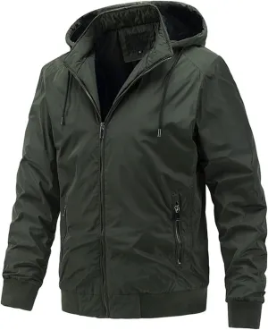 Mens Windproof Bomber Jacket Casual Slim Fit Hooded Windbreaker Jacket Windproof Full Zip Up with Zipper Stand Collar Jacket