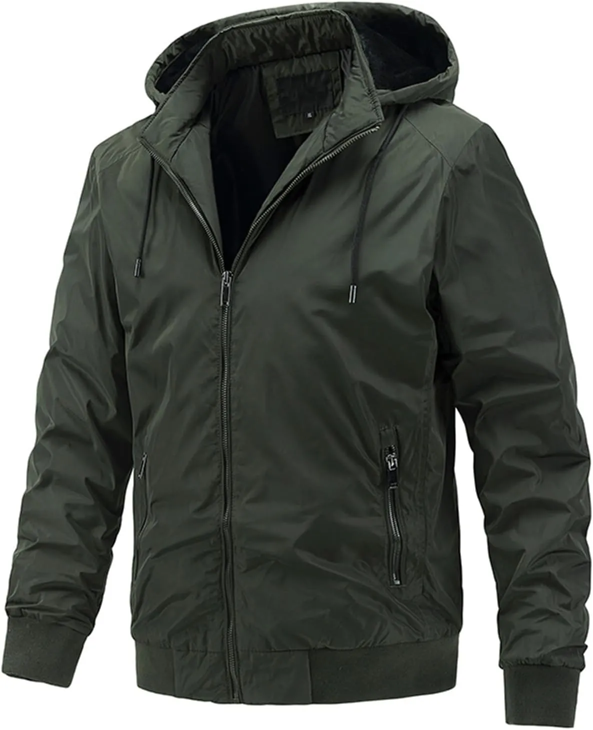Mens Windproof Bomber Jacket Casual Slim Fit Hooded Windbreaker Jacket Windproof Full Zip Up with Zipper Stand Collar Jacket