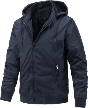 Mens Windproof Bomber Jacket Casual Slim Fit Hooded Windbreaker Jacket Windproof Full Zip Up with Zipper Stand Collar Jacket