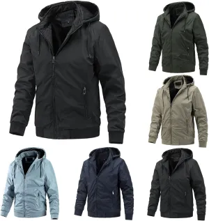 Mens Windproof Bomber Jacket Casual Slim Fit Hooded Windbreaker Jacket Windproof Full Zip Up with Zipper Stand Collar Jacket