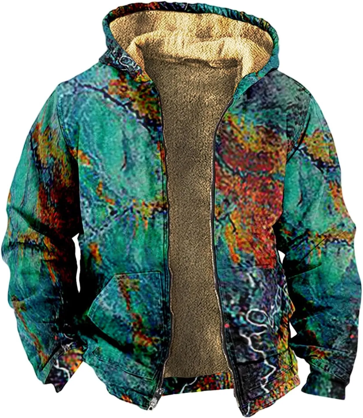 Mens Winter Coat With Hood Fleece Zip Up Coat Thermal Heavy Windbreaker Casual Vintage Oversized Jacket