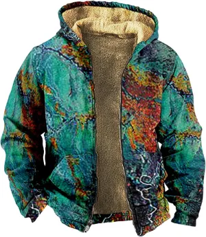Mens Winter Coat With Hood Fleece Zip Up Coat Thermal Heavy Windbreaker Casual Vintage Oversized Jacket