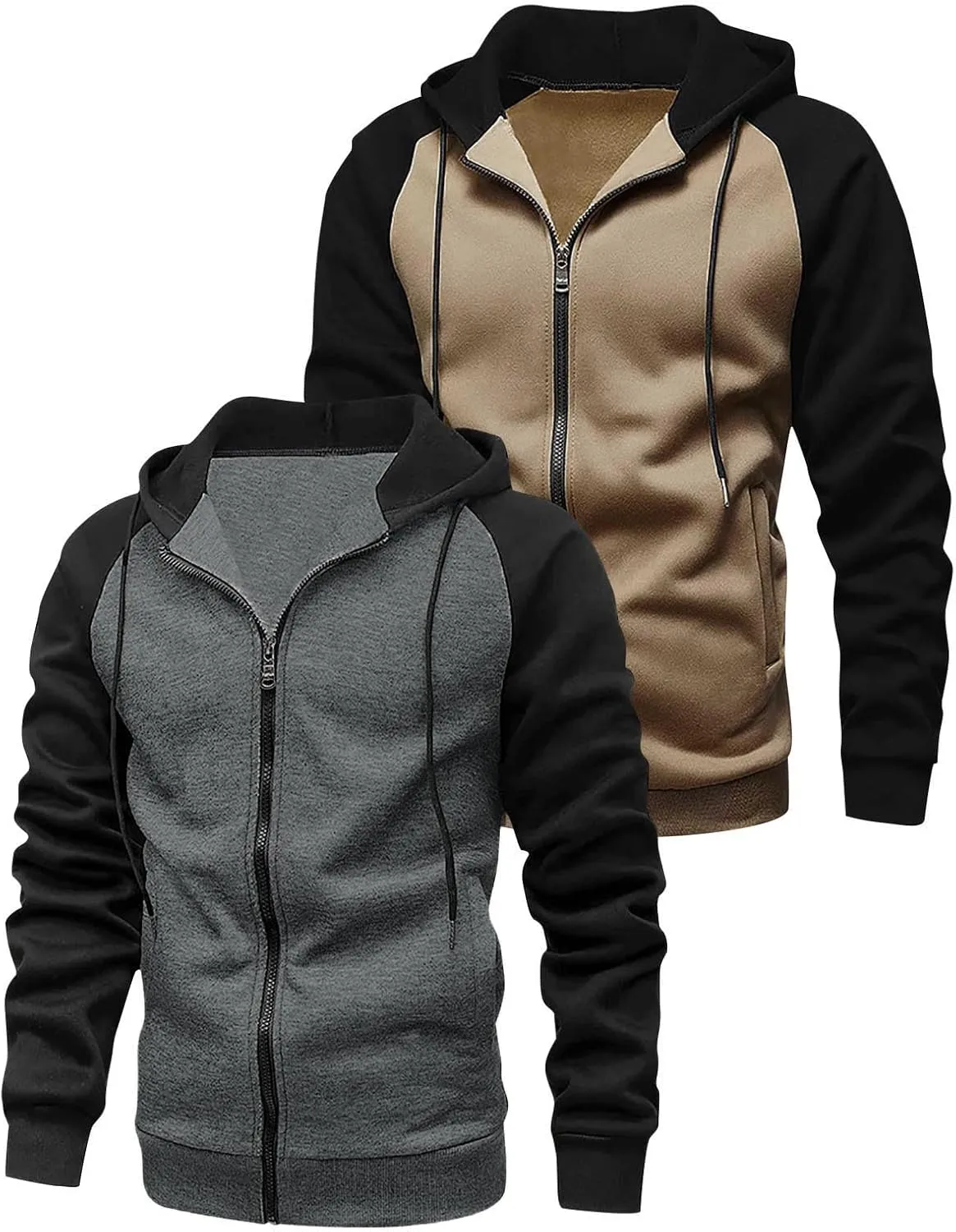 Men's Zippered Colorblock Hooded Sweatshirt Jacket Long Sleeve Drawstring Raglan Coat Casual Jacket with Pockets
