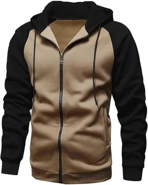 Men's Zippered Colorblock Hooded Sweatshirt Jacket Long Sleeve Drawstring Raglan Coat Casual Jacket with Pockets