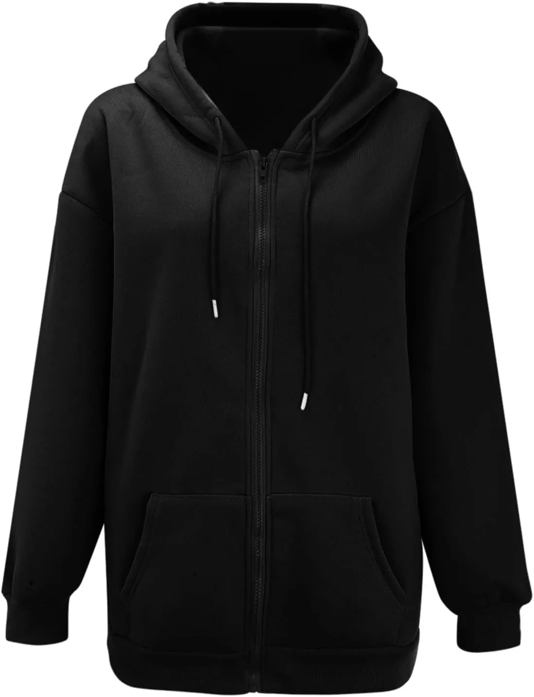 Miyaomn Fall Casual Hooded Jacket for Women Drawstring Full Zip Long Sleeve Sweatshirt Plus Size Solid Loose Tops with Pocket