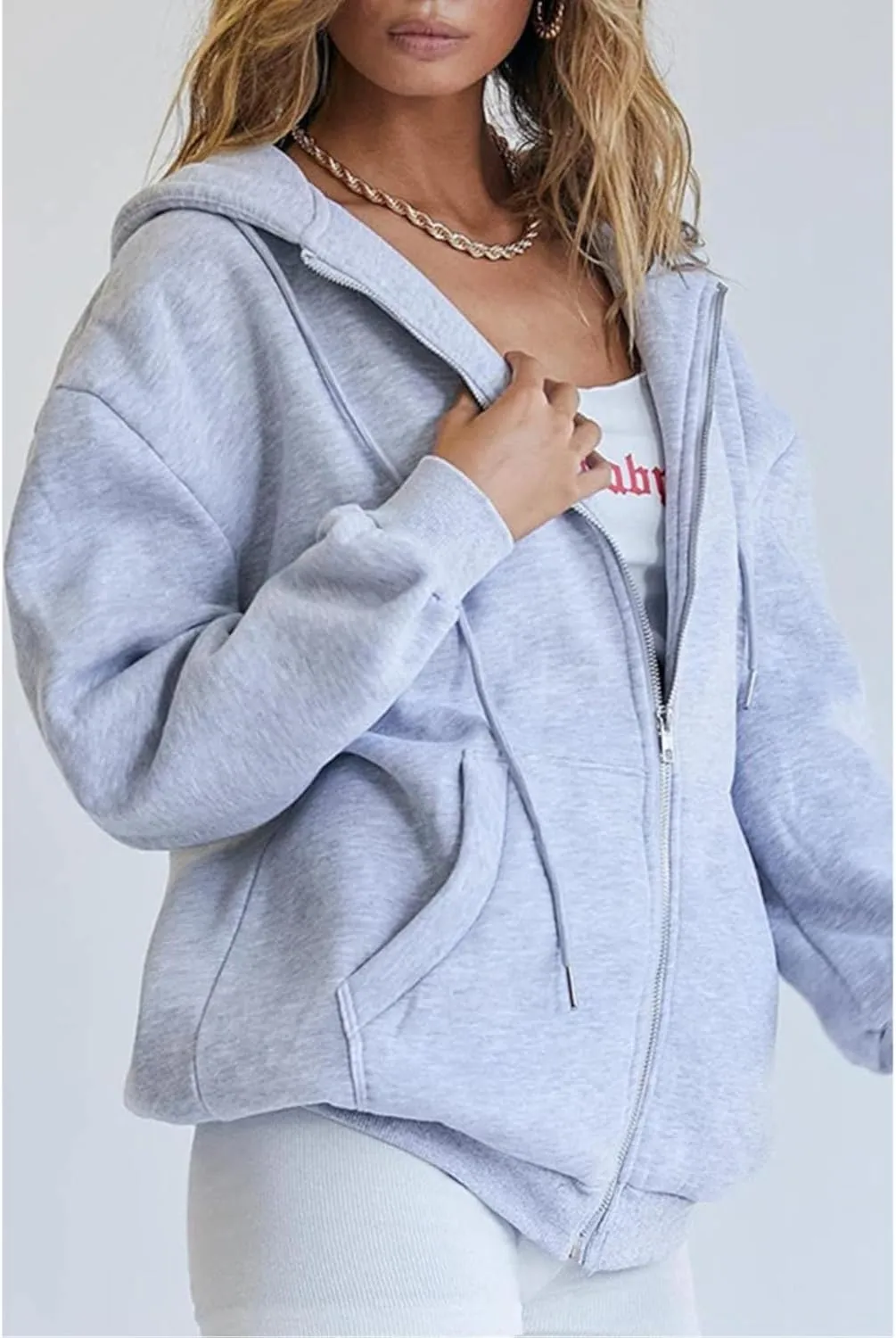 Miyaomn Fall Casual Hooded Jacket for Women Drawstring Full Zip Long Sleeve Sweatshirt Plus Size Solid Loose Tops with Pocket