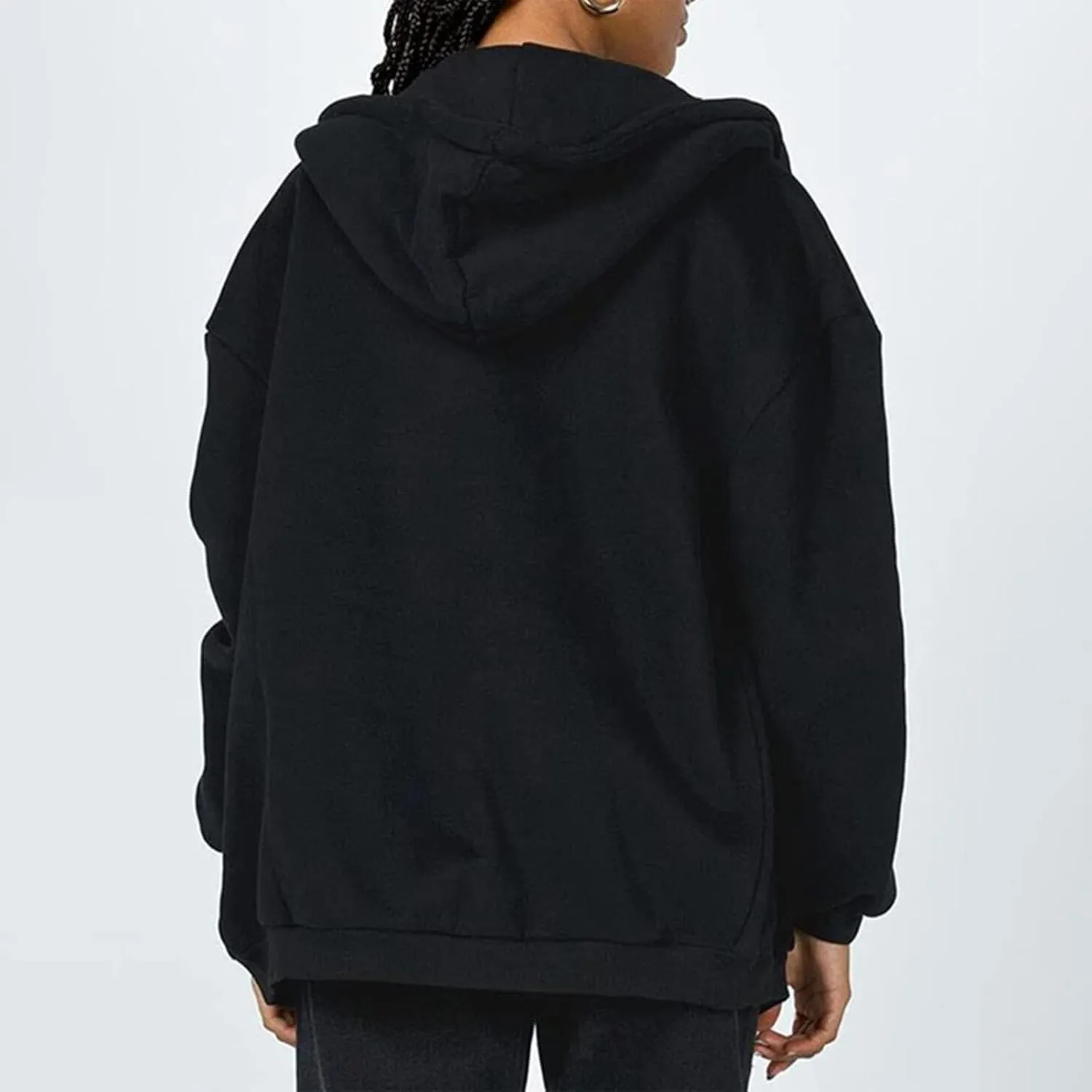 Miyaomn Fall Casual Hooded Jacket for Women Drawstring Full Zip Long Sleeve Sweatshirt Plus Size Solid Loose Tops with Pocket