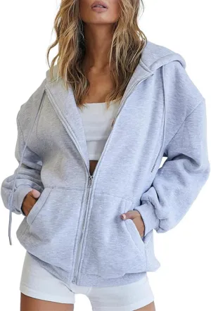 Miyaomn Fall Casual Hooded Jacket for Women Drawstring Full Zip Long Sleeve Sweatshirt Plus Size Solid Loose Tops with Pocket