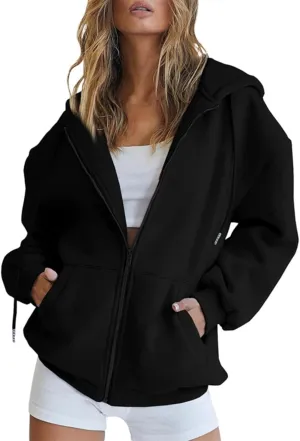 Miyaomn Fall Casual Hooded Jacket for Women Drawstring Full Zip Long Sleeve Sweatshirt Plus Size Solid Loose Tops with Pocket