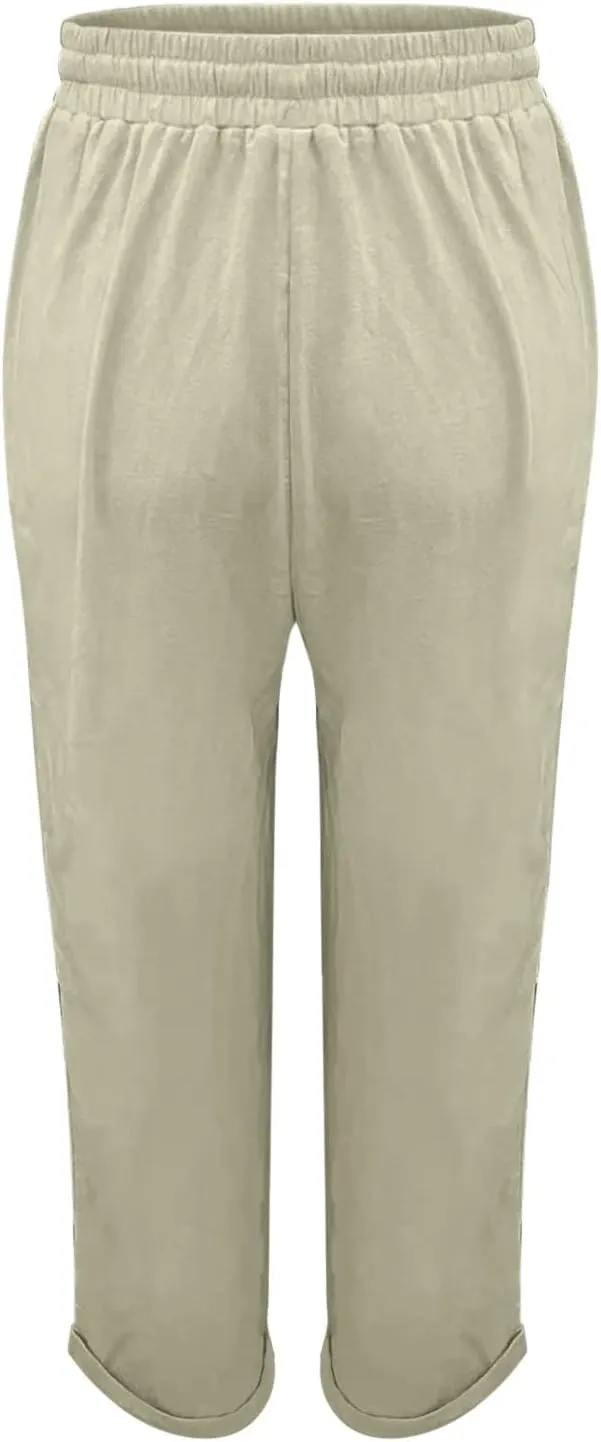 Miyaomn Womens Casual Linen Straight Leg Pants Side Button Drawstring Elastic Waist Solid Lounge Trousers Slacks with Pockets